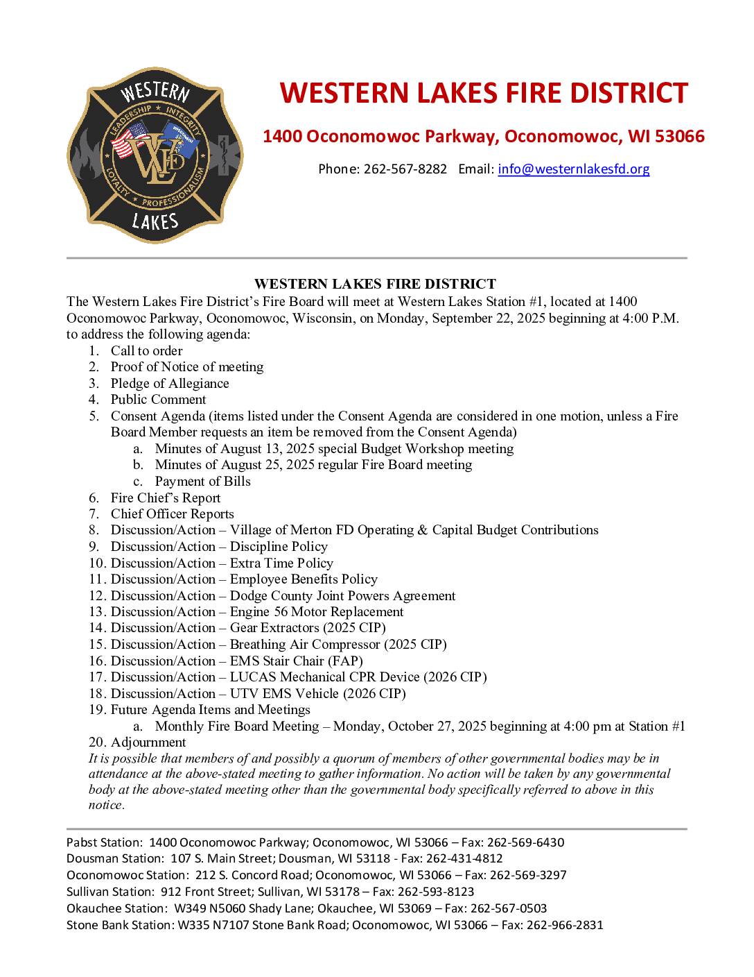 2025 09 22 Fire Board Meeting