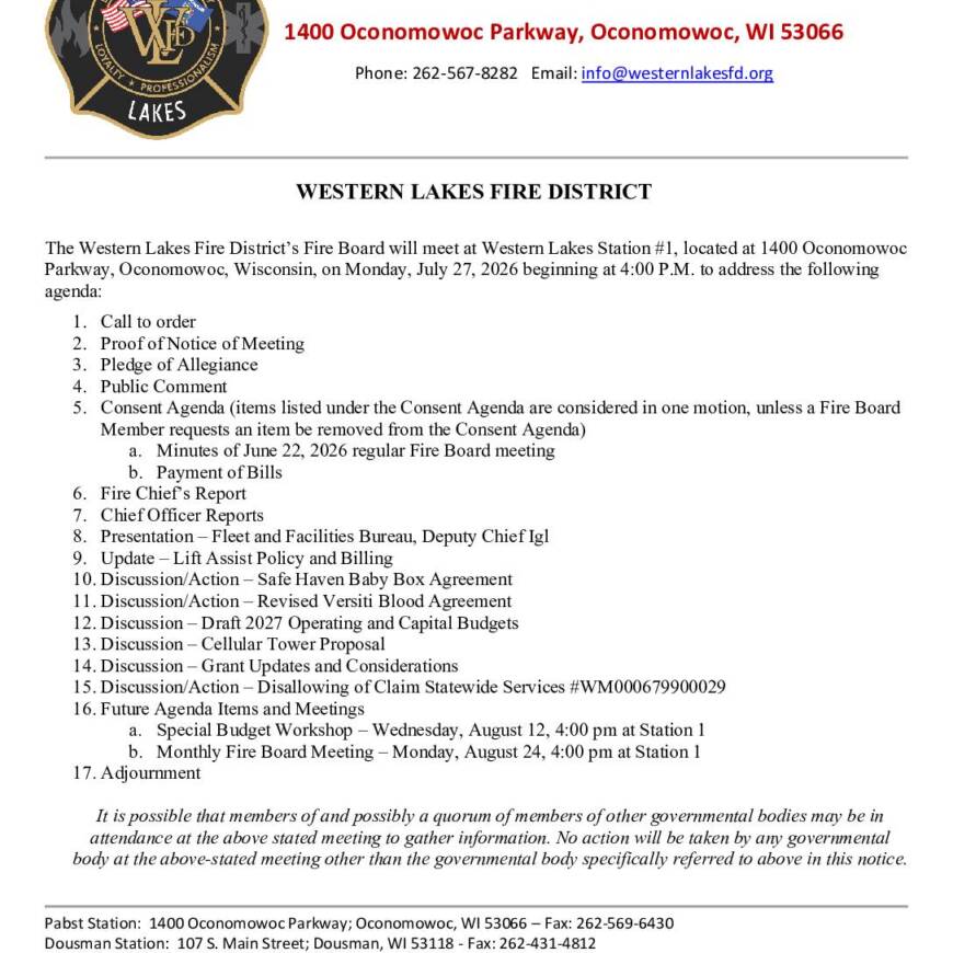2026 07 27 Fire Board Agenda