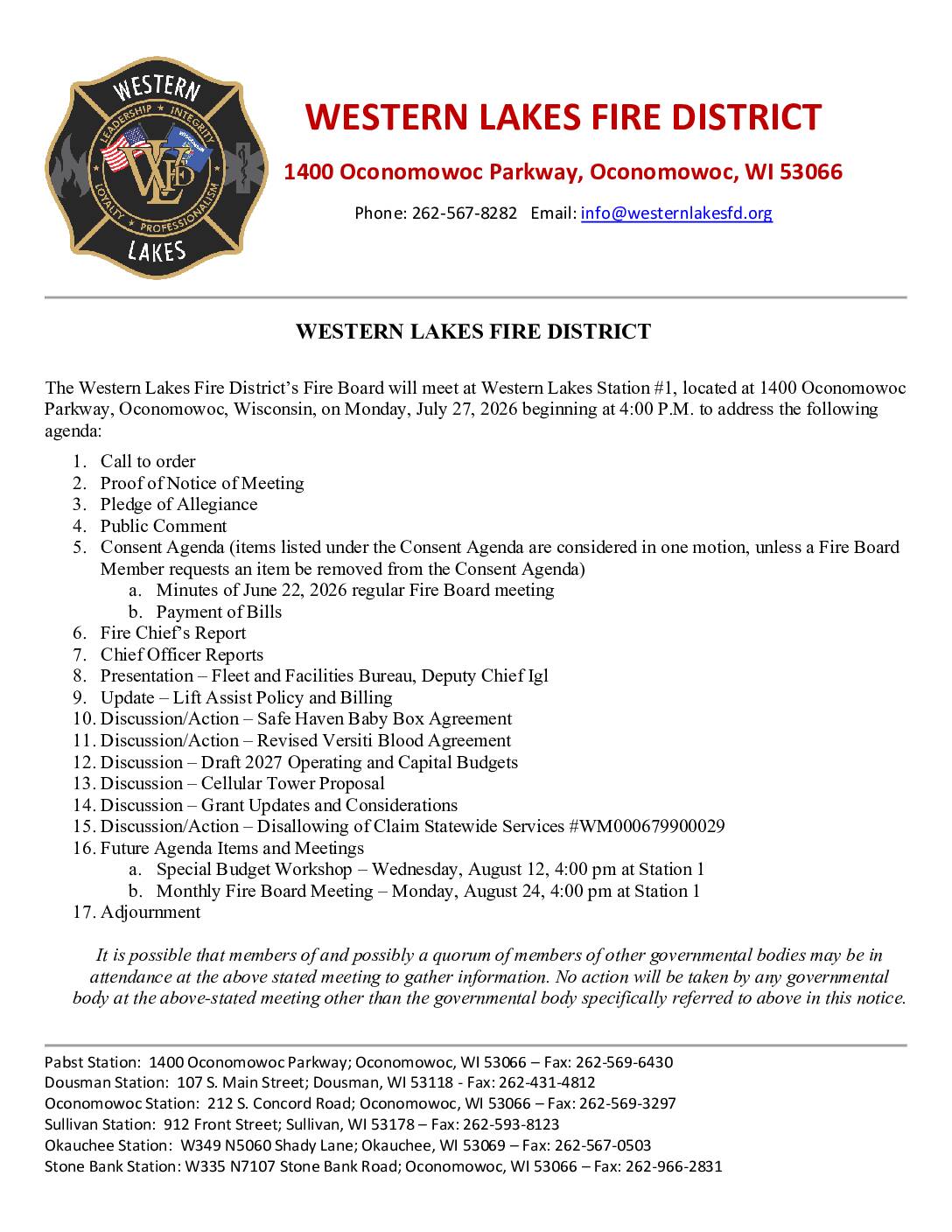 2026 07 27 Fire Board Agenda
