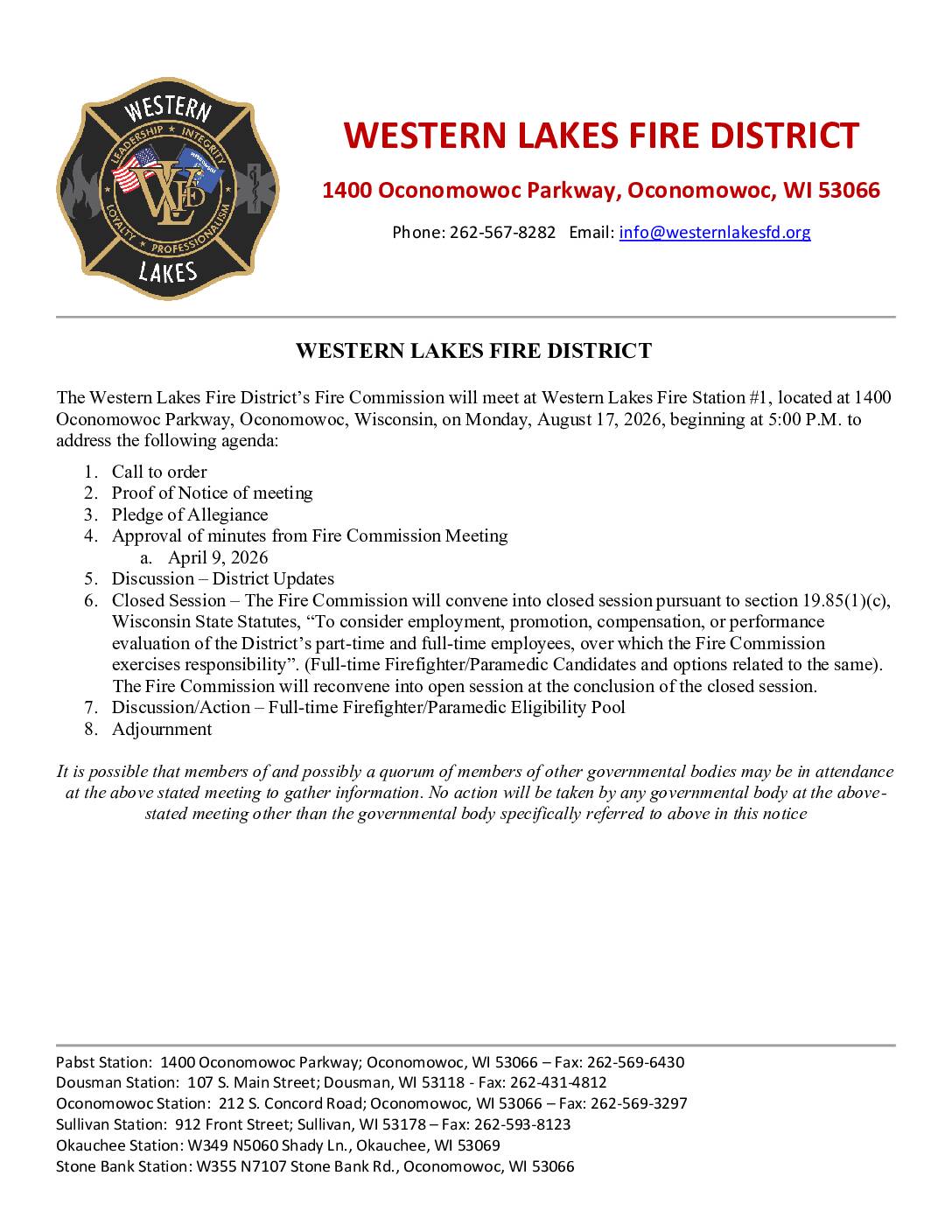 2026 08 17 Fire Commission Meeting