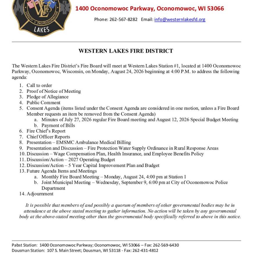 2026 08 24 Fire Board Agenda
