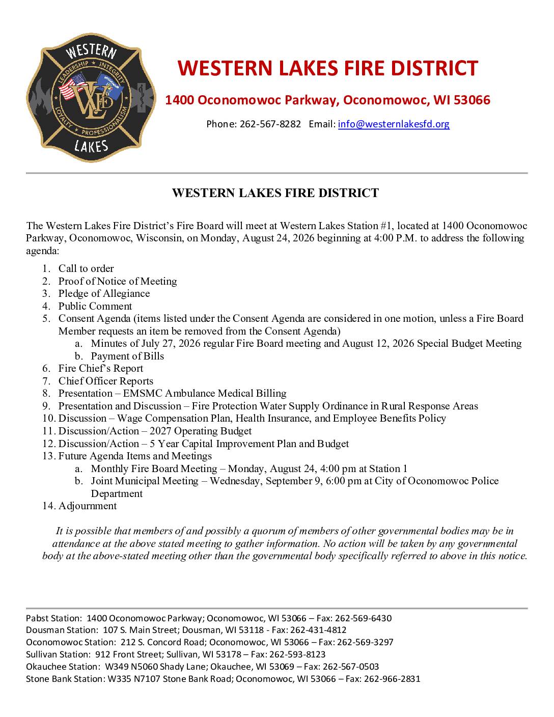 2026 08 24 Fire Board Agenda