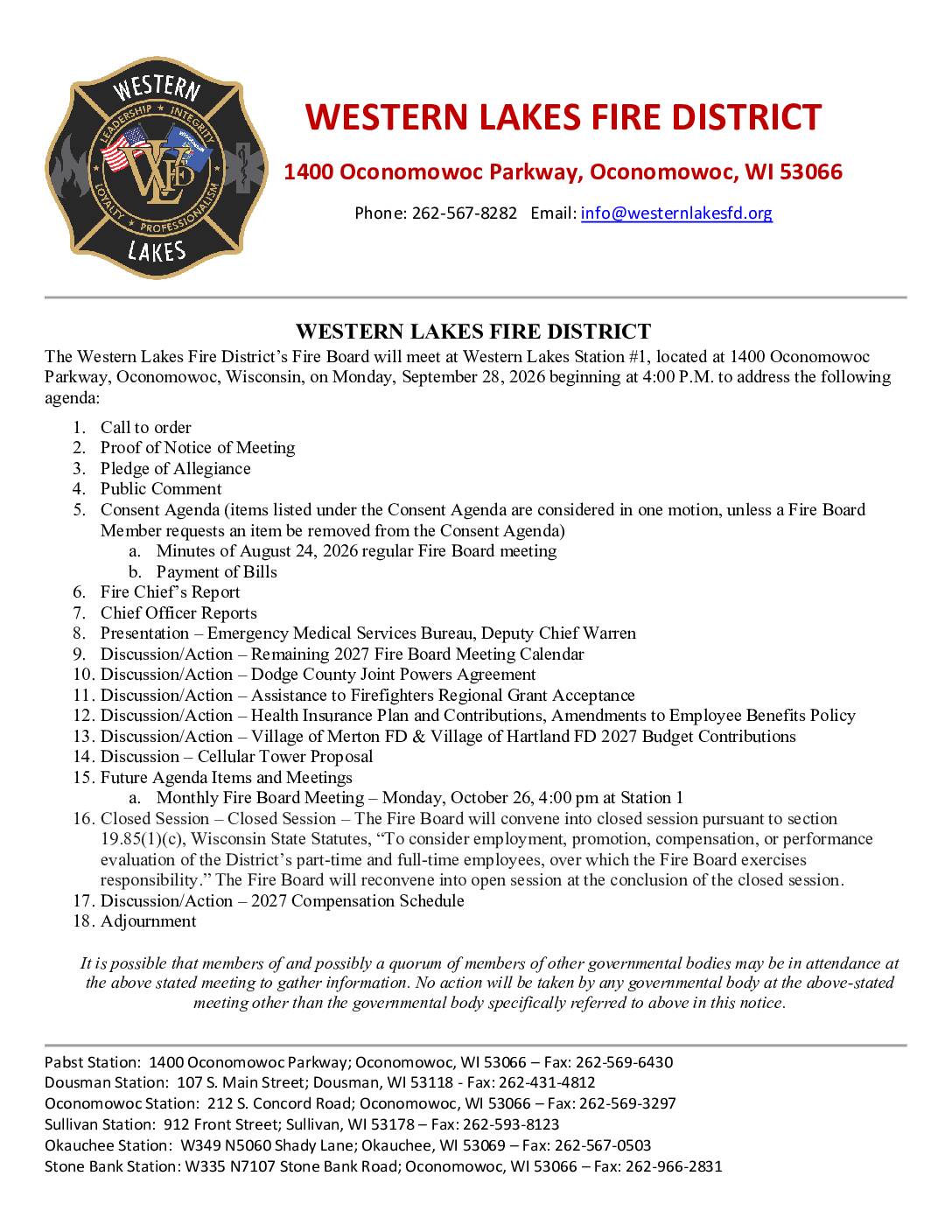 2026 09 28 Fire Board Meeting