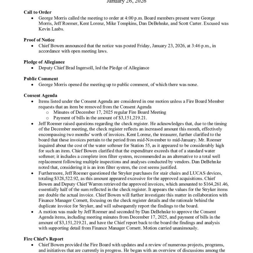 2026 01 26 Fire Board Minutes