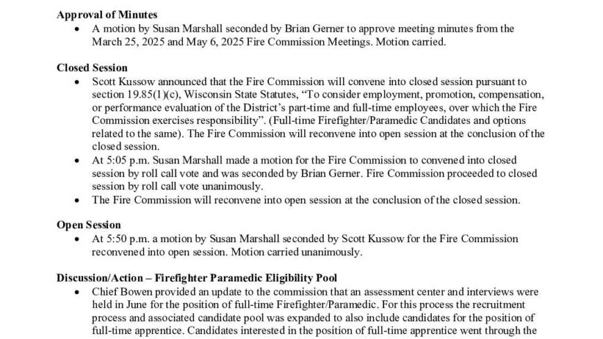 2025 07 10 Fire Commission Minutes