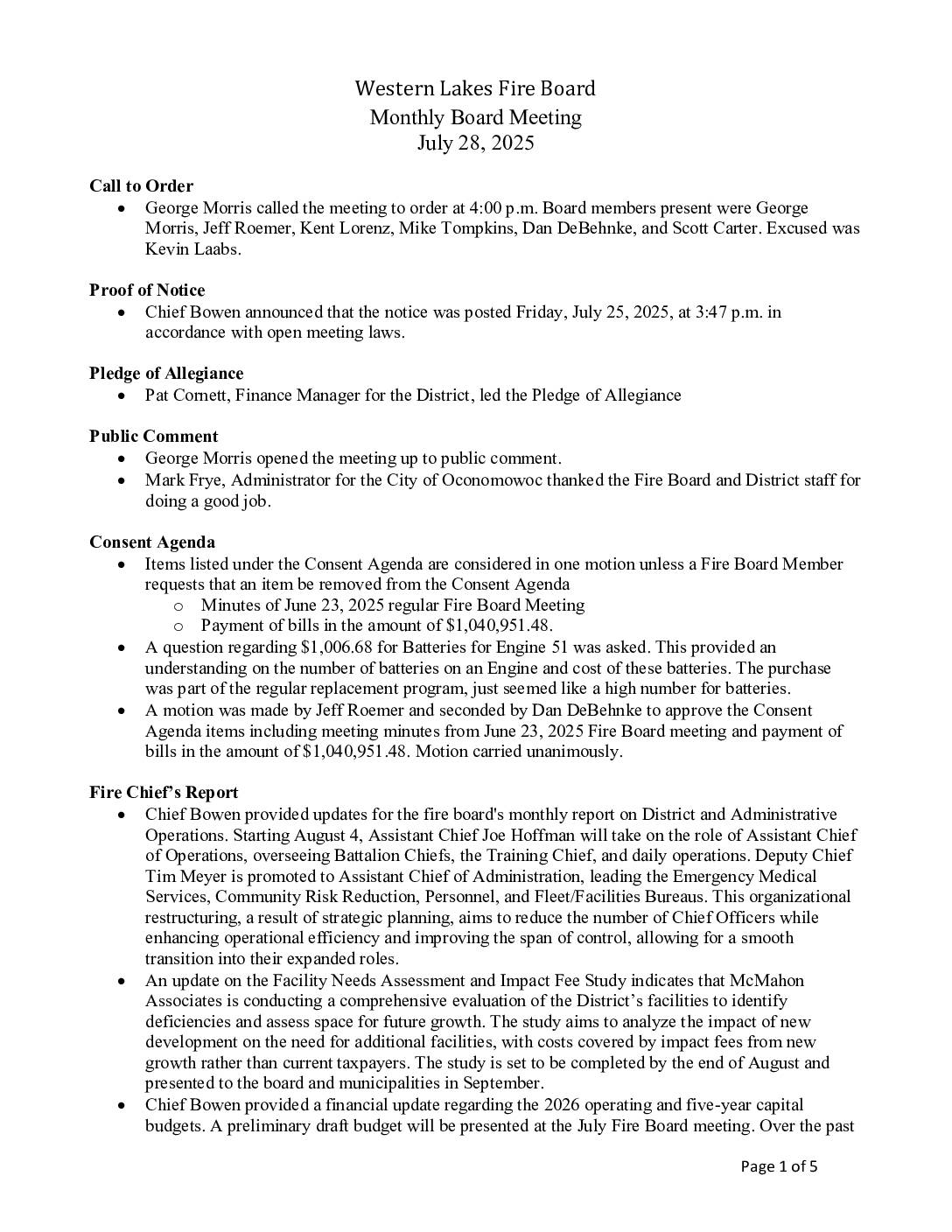 2025 07 28 Fire Board Minutes