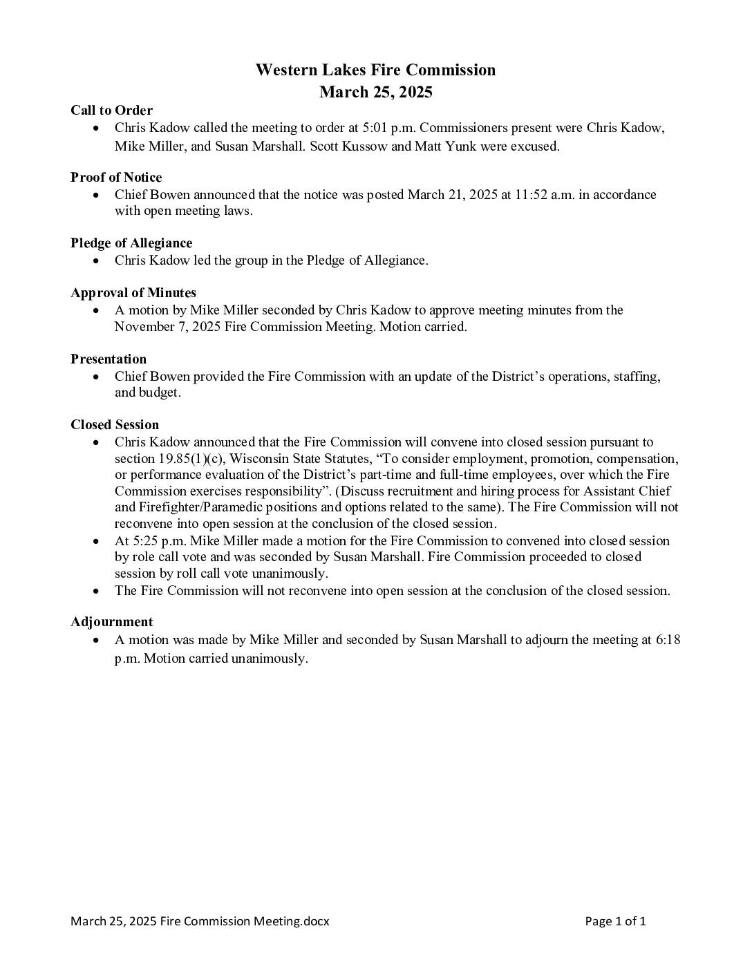 2025 03 25 Fire Commission Minutes