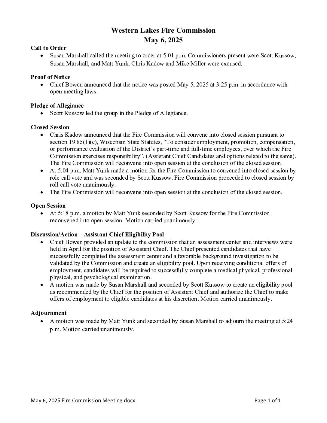 2025 05 06 Fire Commission Minutes